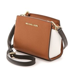 Michael Kors brown and white leather Selma mini crossbody bag